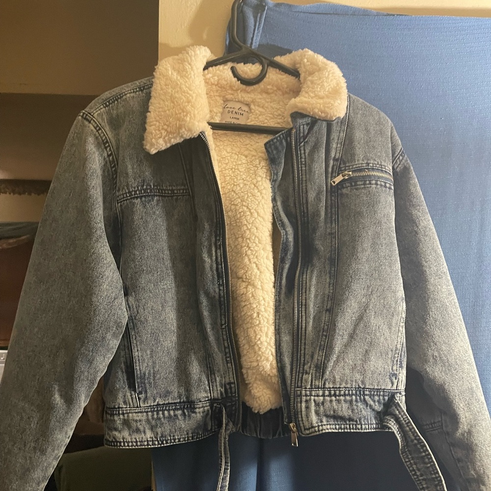 Love Tree” stonewashed cropped faux shearling jacket! NWOT